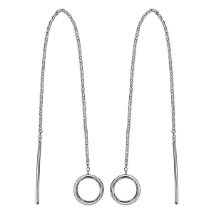 BOUCLES D'OREILLES ARGENT RHODIÉ TRAVERSANTE LONGUE CHAINETTE BAGUETTE ET CERCLE