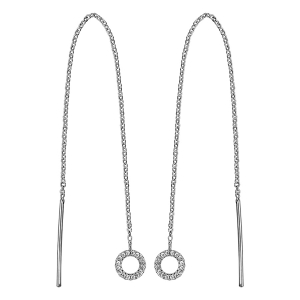 BOUCLES D'OREILLES ARGENT RHODIÉ TRAVERSANTE LONGUE CHAINETTE BAGUETTE ET CERCLE OXYDES BALNCS SERTIS