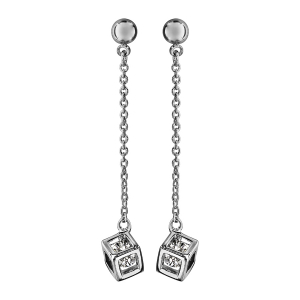 BOUCLES D'OREILLES TIGE ARGENT RHODIÉ LONGUE CHAINETTE ET CUBE OXYDE BLANC