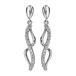 BOUCLES D'OREILLES TIGE ARGENT RHODIÉ PENDANTE VOLUTE OXYDES BLANCS SERTIS