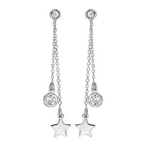 BOUCLES D'OREILLES TIGE ARGENT RHODIÉ DOUBLE PENDANTE 1 ETOILE ET 1 OXYDE BLANC SERTI