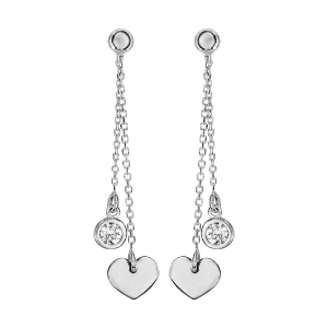 BOUCLES D'OREILLES TIGE ARGENT RHODIÉ DOUBLE PENDANTE 1 COEUR ET 1 OXYDE BLANC SERTI CLOS