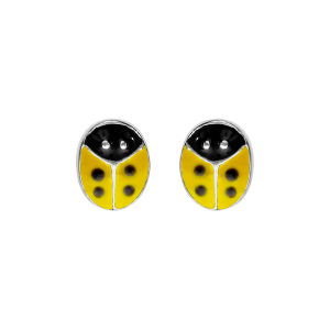 BOUCLES D'OREILLES TIGE ARGENT PUCE COCCINELLE JAUNE ET POINT NOIR