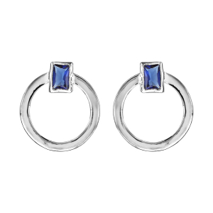 BOUCLES D'OREILLES TIGE ARGENT RHODIÉ CERCLE OXYDE RECTANGLE BLEU