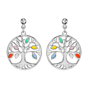 BOUCLES D'OREILLES TIGE ARGENT RHODIÉ PENDANT ARBRE DE VIE RÉSINE MULTI COULEURS