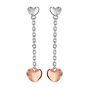 BOUCLES D'OREILLES TIGE ARGENT RHODIÉ CHAINETTE ET COEUR DORURE ROSE