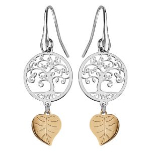 BOUCLES D'OREILLES ARGENT RHODIÉ CROCHET ARBRE DE VIE ET FEUILLE DORURE JAUNE