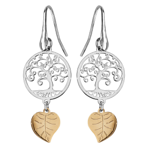 BOUCLES D'OREILLES ARGENT RHODIÉ CROCHET ARBRE DE VIE ET FEUILLE DORURE JAUNE