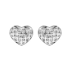 BOUCLES D'OREILLES TIGE ARGENT RHODIÉ COEUR QUADRILLAGE OXYDES BLANCS SERTIS