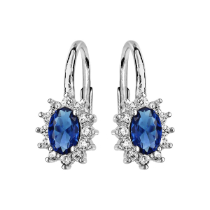 BOUCLES D'OREILLES ARGENT RHODIÉ DORMEUSE AU CENTRE PERLE BLEUE SYNTHETIQUE ET CONTOUR OXYDES BLANCS SERTIS