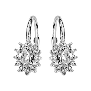 BOUCLES D'OREILLES ARGENT RHODIÉ DORMEUSE AU CENTRE PIERRE BLANCHE SYNTHETIQUE ET CONTOUR OXYDES BLANCS SERTIS