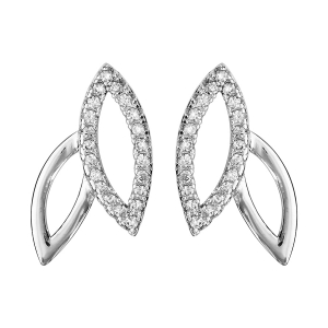 BOUCLES D'OREILLES TIGE ARGENT RHODIÉ FEUILLAGE AJOURE OXYDES BLANCS SERTIS