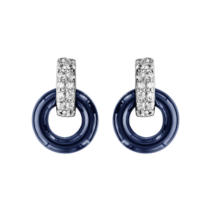 BOUCLES D'OREILLES TIGE ARGENT RHODIÉ DOUBLE ANNEAU 1 CERAMIQUE BLEU MARINE 1 OXYDES BLANCS SERTIS