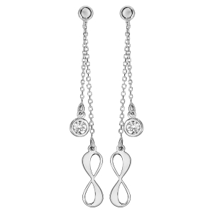BOUCLES D'OREILLES TIGE ARGENT RHODIÉ DOUBLE PENDANTE 1 INFINI ET 1 OXYDE BLANC SERTI CLOS