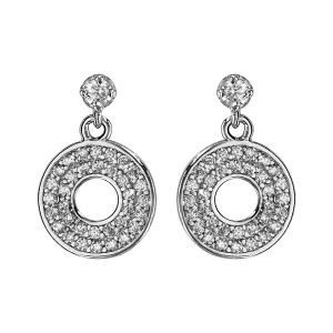 BOUCLES D'OREILLES TIGE ARGENT RHODIÉ PENDANTE CERCLE PERCE OXYDES BLANCS SERTIS
