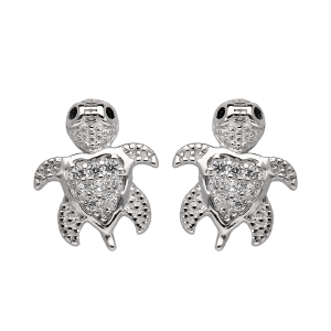 BOUCLES D'OREILLES TIGE ARGENT RHODIÉ TORTUE OXYDES BLANCS SERTIS