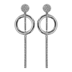 BOUCLES D'OREILLES TIGE ARGENT RHODIÉ CERCLE OXYDES BLANCS SERTIS ET BAGUETTE PENDANTE