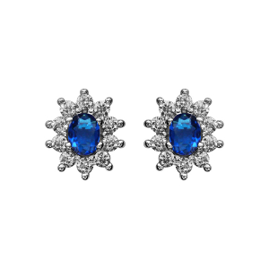 BOUCLES D'OREILLES TIGE ARGENT RHODIÉ PIERRE CENTRALE SYNTHETIQUE BLEU FONCE CONTOUR OXYDES BLANCS SERTIS