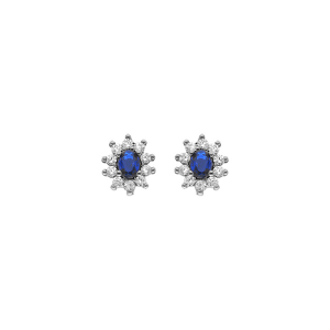 BOUCLES D'OREILLES TIGE ARGENT RHODIÉ PIERRE CENTRALE SYNTHETIQUE BLEU FONCE CONTOUR OXYDES BLANCS SERTIS