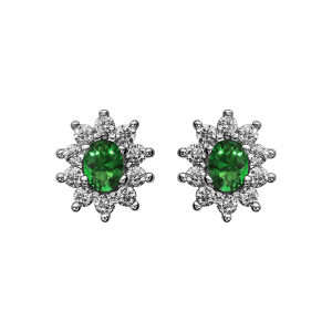 BOUCLES D'OREILLES TIGE ARGENT RHODIÉ PIERRE CENTRALE SYNTHETIQUE VERT CONTOUR OXYDES BLANCS SERTIS