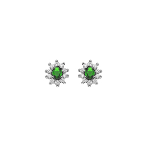 BOUCLES D'OREILLES TIGE ARGENT RHODIÉ PIERRE CENTRALE SYNTHETIQUE VERT CONTOUR OXYDES BLANCS SERTIS