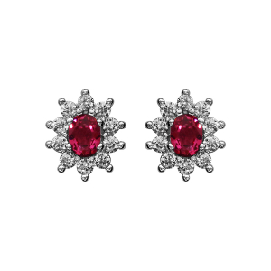 BOUCLES D'OREILLES TIGE ARGENT RHODIÉ PIERRE CENTRALE SYNTHETIQUE FUSHIA CONTOUR OXYDES BLANCS SERTIS