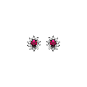 BOUCLES D'OREILLES TIGE ARGENT RHODIÉ PIERRE CENTRALE SYNTHETIQUE FUSHIA CONTOUR OXYDES BLANCS SERTIS