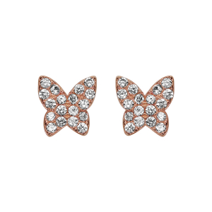 BOUCLES D'OREILLES TIGE ARGENT RHODIÉ ET DORURE ROSE PAPILLON OXYDES BLANCS SERTIS