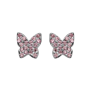 BOUCLES D'OREILLES TIGE ARGENT RHODIÉ PAPILLON PIERRES SYNTHETIQUE ROSE SERTIS