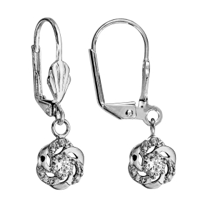 BOUCLES D'OREILLES ARGENT RHODIÉ DORMEUSE FLEUR OXYDE BLANC SERTI