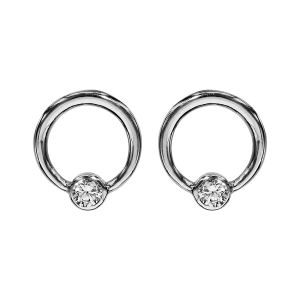 BOUCLES D'OREILLES TIGE ARGENT RHODIÉ CERCLE  9 MM 1 OXYDE BLANC SERTI CLOS
