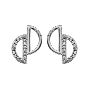 BOUCLES D'OREILLES TIGE ARGENT RHODIÉ 2 DEMI CERCLES EVIDES OXYDES BLANCS SERTIS