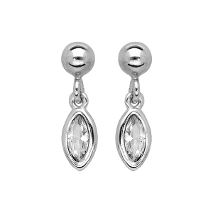 BOUCLES D'OREILLES TIGE ARGENT RHODIÉ CLOU PIERRE SYNTHETIQUE NAVETTE BLANCHE