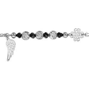 BRACELET ARGENT RHODIÉ BOULES DIAMANTEES PIERRES SYNTHETIQUE NOIRES ET AILE D'ANGE 16+3CM