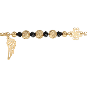 BRACELET ARGENT ET DORURE JAUNE BOULES DIAMANTEES PIERRES SYNTHETIQUE NOIRES ET AILE D'ANGE 16+3CM