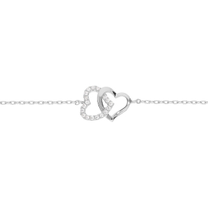 BRACELET ARGENT RHODIÉ DOUBLE COEUR ENTRELACÉ  OXYDES BLANCS SERTIS 16+2,5CM