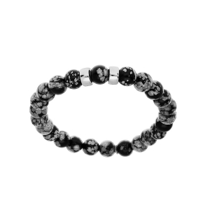 BRACELET ARGENT RHODIÉ EXTENSIBLE BOULES OBSIDIENNE GRIS VÉRITABLE 2 CHARMS A GRAVER