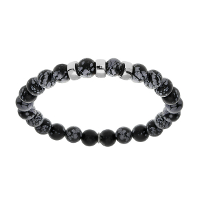 BRACELET ARGENT RHODIÉ EXTENSIBLE BOULES OBSIDIENNE GRIS VÉRITABLE 3 CHARMS A GRAVER