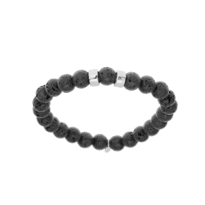 BRACELET ARGENT RHODIÉ EXTENSIBLE BOULES PIERRE DE LAVE NOIR MAT VÉRITABLE 2 CHARMS A GRAVER