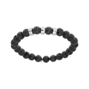 BRACELET ARGENT RHODIÉ EXTENSIBLE BOULES PIERRE DE LAVE NOIR MAT VÉRITABLE 3 CHARMS A GRAVER