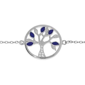 BRACELET ARGENT RHODIÉ ARBRE DE VIE RÉSINE BLEUE ET OXYDES BLANCS 16+3CM