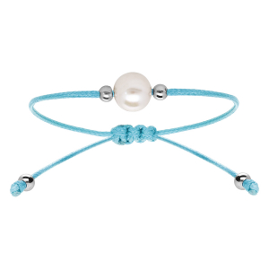 BRACELET ARGENT RHODIÉ CORDON RÉGLABLE BLEU CIEL PERLE DE CULTURE D'EAU DOUCE
