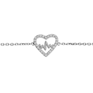 BRACELET ARGENT RHODIÉ COEUR AVEC COURBE OXYDES BLANCS SERTIS 16+2CM