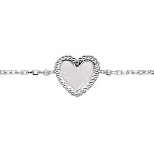 BRACELET ARGENT RHODIÉ AVEC COEUR NACRE BLANCHE 18,5CM REGLABLE 17-16CM
