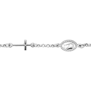 BRACELET ARGENT RHODIÉ CROIX ET MOTIF RELIGIEUX 17+2CM