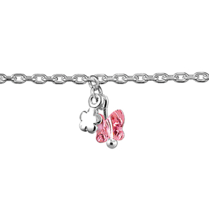 BRACELET ARGENT RHODIÉ  PAMPILLES PAPILLONS ROSES + FLEURS 16+2CM