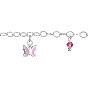 BRACELET ARGENT RHODIÉ PAMPILLES PAPILLONS ROSES + PERLES ROSES 16,5CM REGLABLE