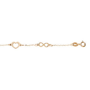 BRACELET ARGENT ET DORURE JAUNE COEURS ET INFINIS 16+3CM