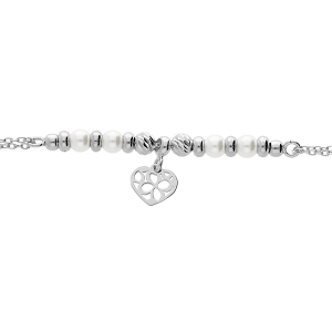 BRACELET ARGENT RHODIÉ PAMPILLE COEUR ET PERLE BLANCHE IMITATION 16+3CM