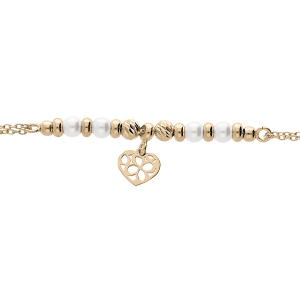 BRACELET ARGENT ET DORURE JAUNE PAMPILLE COEUR ET PERLE BLANCHE IMITATION 16+3CM